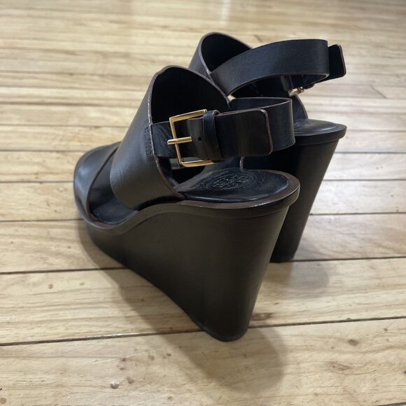 Tory Burch Genuine Leather Platform Wedge Heels Women 6 Black Boho Gold Buckle - Picture 8 of 16